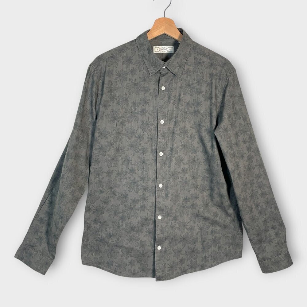 Long Sleeve Button Up Shirt Mens LARGE Gray 100% Cotton Casual
